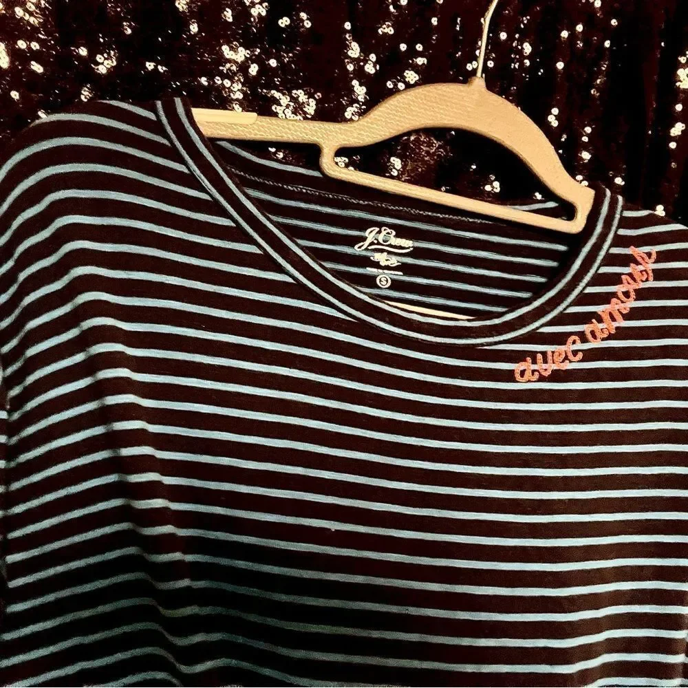 J. Crew Blue and Black Striped Top with Orange Detail